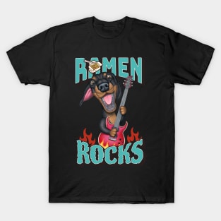 Doxie Dachshund Dog loves Ramen Noodles Ramen Rocks tee T-Shirt